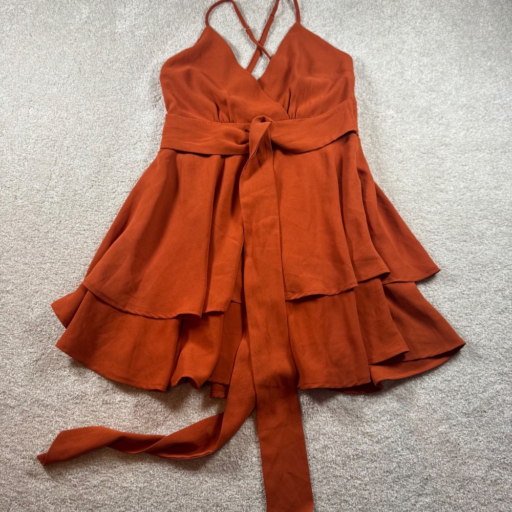 Rust Orange Ruffle Tiered Mini Dress Small Adjustable Straps V-Neck Tie Waist